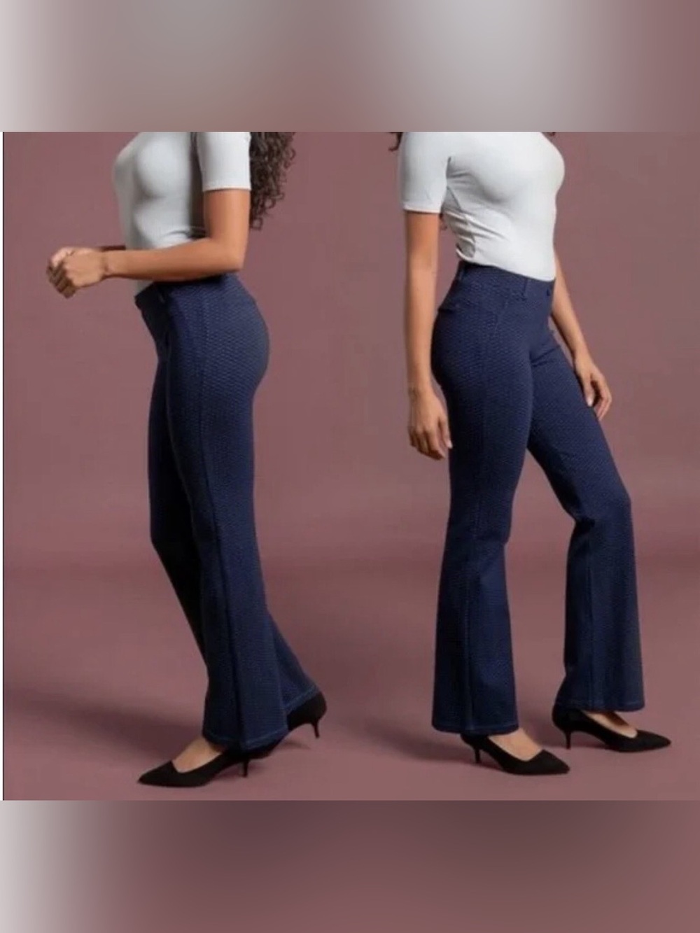 Betabrand Dress Yoga Classic Bootcut Pants Heartline Print Navy Blue Size Medium